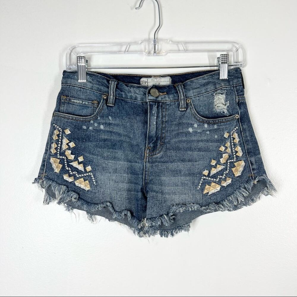 FREE PEOPLE Embroidered Aztec Distressed Denim Jean Shorts Cutoffs Boho Tribal